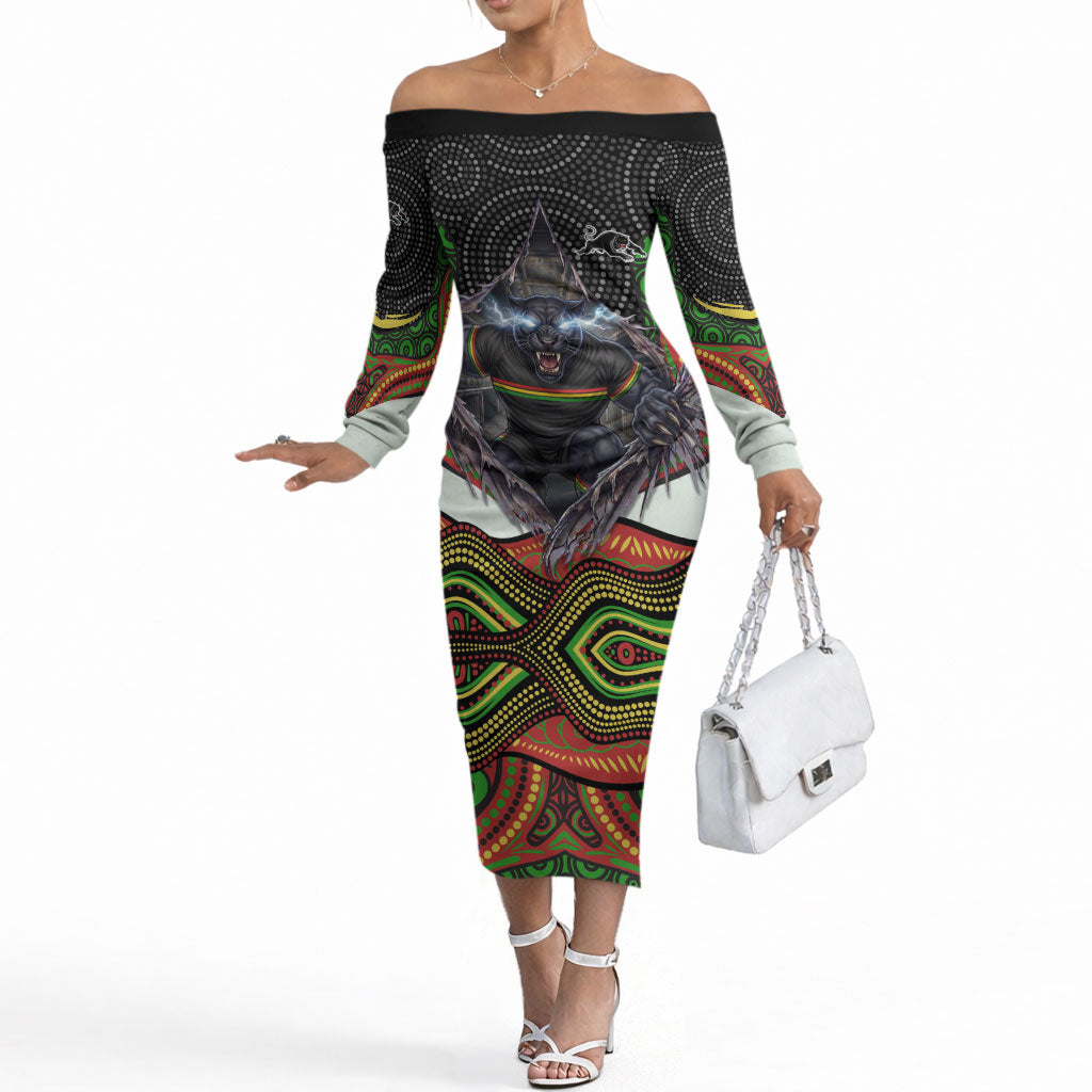 Penrith Panthers Off The Shoulder Long Sleeve Dress The Scream of Lightning Eyes - Indigenous Dot Ripping Effect