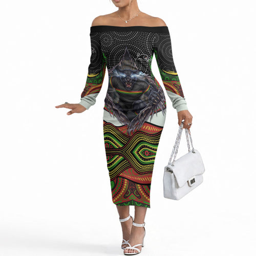 Penrith Panthers Off The Shoulder Long Sleeve Dress The Scream of Lightning Eyes - Indigenous Dot Ripping Effect