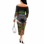 Penrith Panthers Off The Shoulder Long Sleeve Dress The Scream of Lightning Eyes - Indigenous Dot Ripping Effect