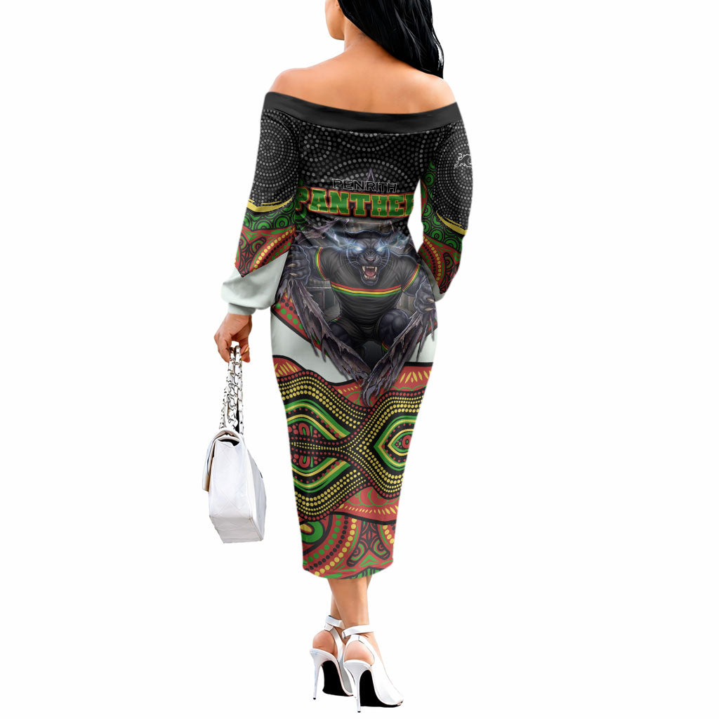 Penrith Panthers Off The Shoulder Long Sleeve Dress The Scream of Lightning Eyes - Indigenous Dot Ripping Effect
