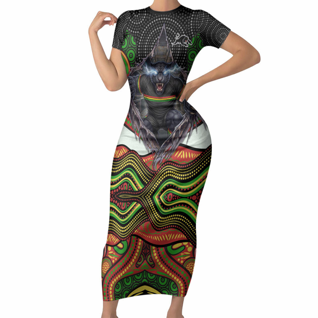 Penrith Panthers Short Sleeve Bodycon Dress The Scream of Lightning Eyes - Indigenous Dot Ripping Effect