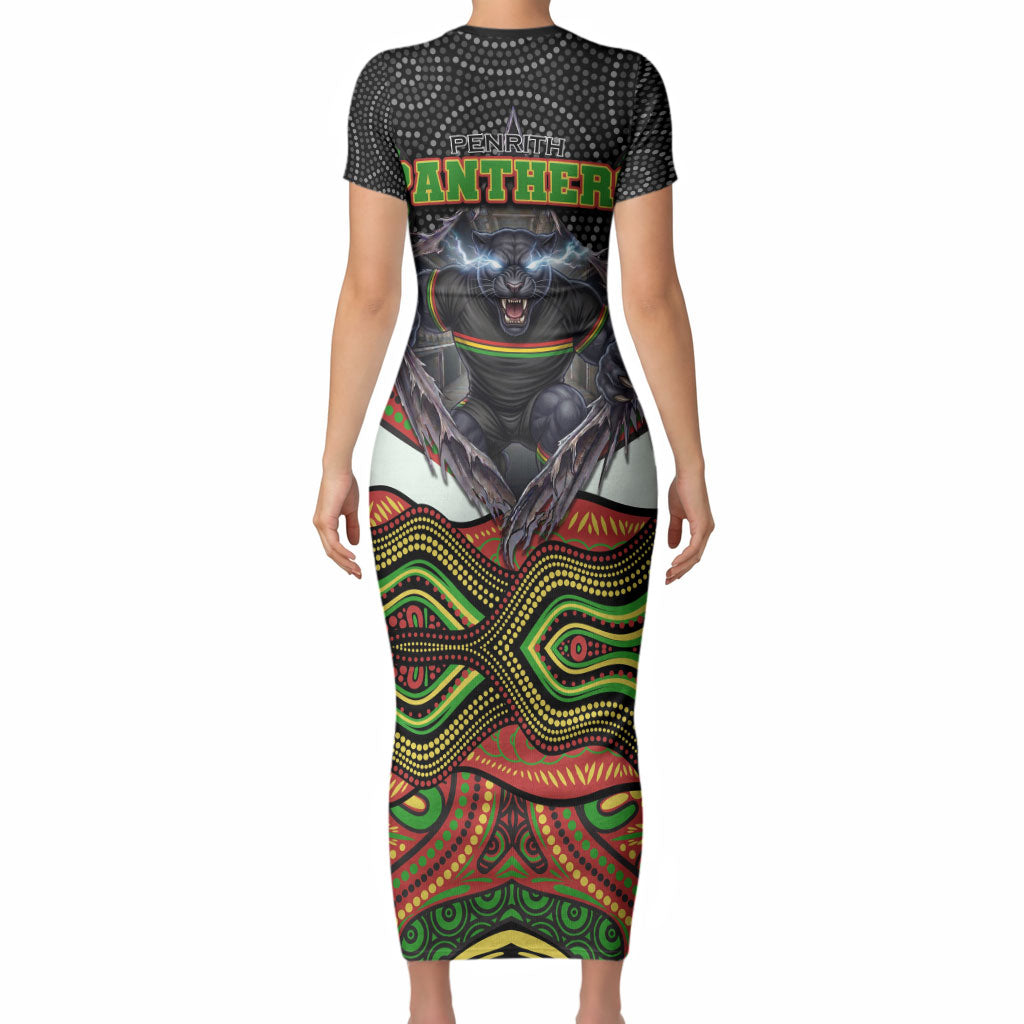 Penrith Panthers Short Sleeve Bodycon Dress The Scream of Lightning Eyes - Indigenous Dot Ripping Effect