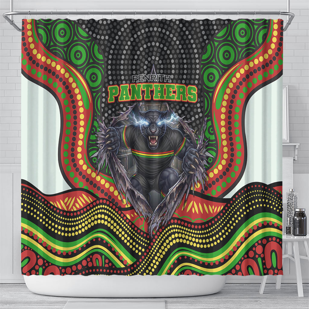 Penrith Panthers Shower Curtain The Scream of Lightning Eyes - Indigenous Dot Ripping Effect