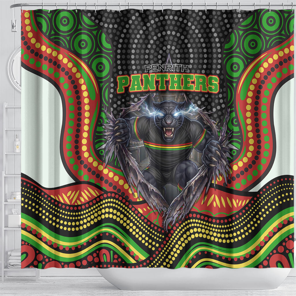 Penrith Panthers Shower Curtain The Scream of Lightning Eyes - Indigenous Dot Ripping Effect