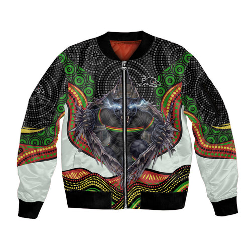 Penrith Panthers Sleeve Zip Bomber Jacket The Scream of Lightning Eyes - Indigenous Dot Ripping Effect