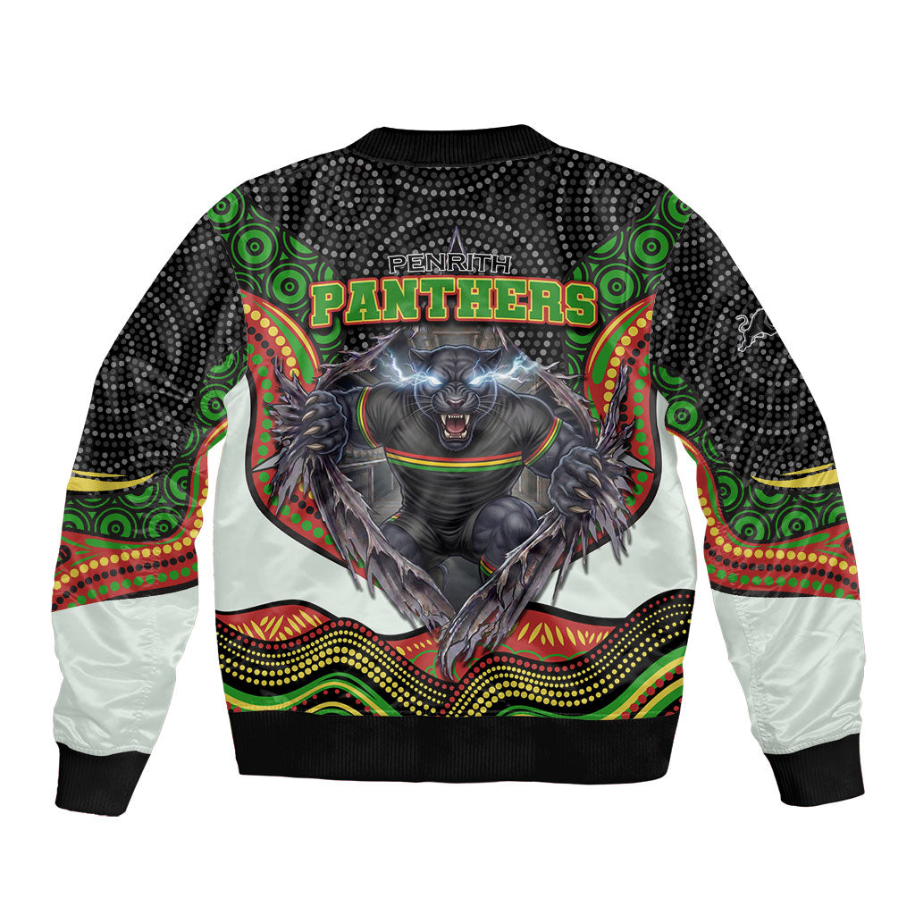 Penrith Panthers Sleeve Zip Bomber Jacket The Scream of Lightning Eyes - Indigenous Dot Ripping Effect
