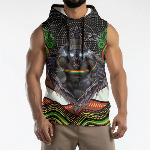 Penrith Panthers Sleeveless Hoodie The Scream of Lightning Eyes - Indigenous Dot Ripping Effect