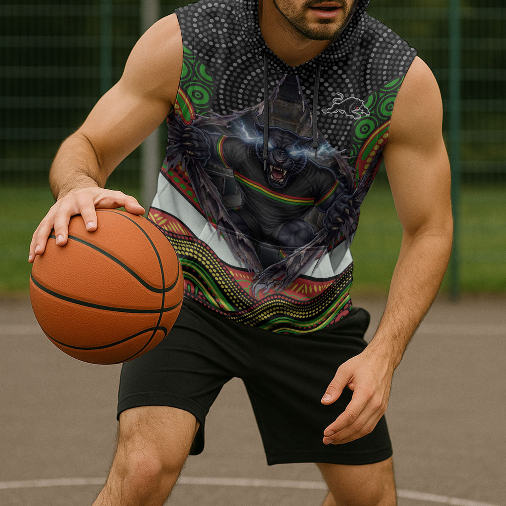Penrith Panthers Sleeveless Hoodie The Scream of Lightning Eyes - Indigenous Dot Ripping Effect