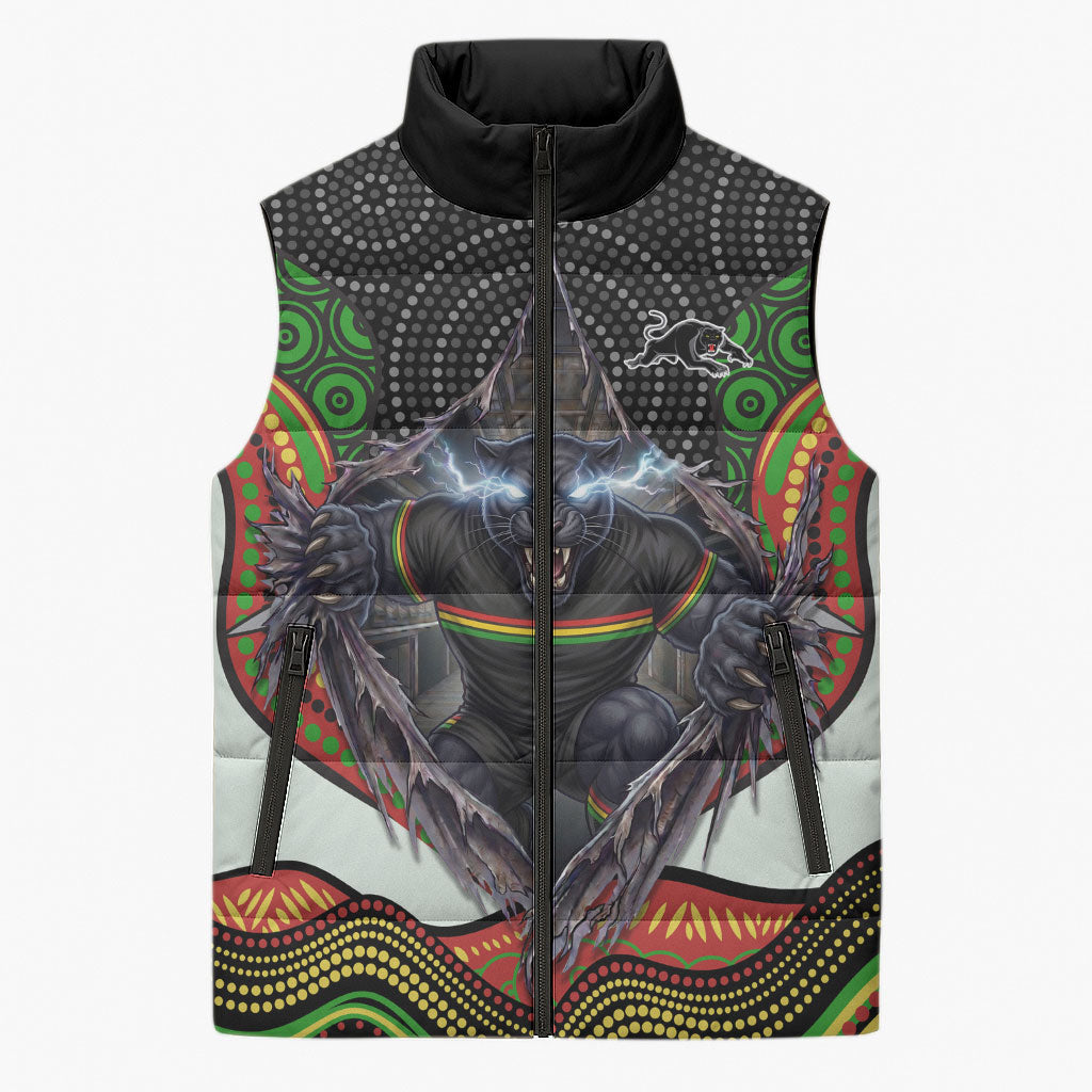 Penrith Panthers Sleeveless Puffer Jacket The Scream of Lightning Eyes - Indigenous Dot Ripping Effect