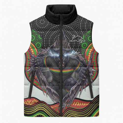 Penrith Panthers Sleeveless Puffer Jacket The Scream of Lightning Eyes - Indigenous Dot Ripping Effect