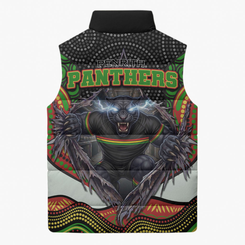 Penrith Panthers Sleeveless Puffer Jacket The Scream of Lightning Eyes - Indigenous Dot Ripping Effect