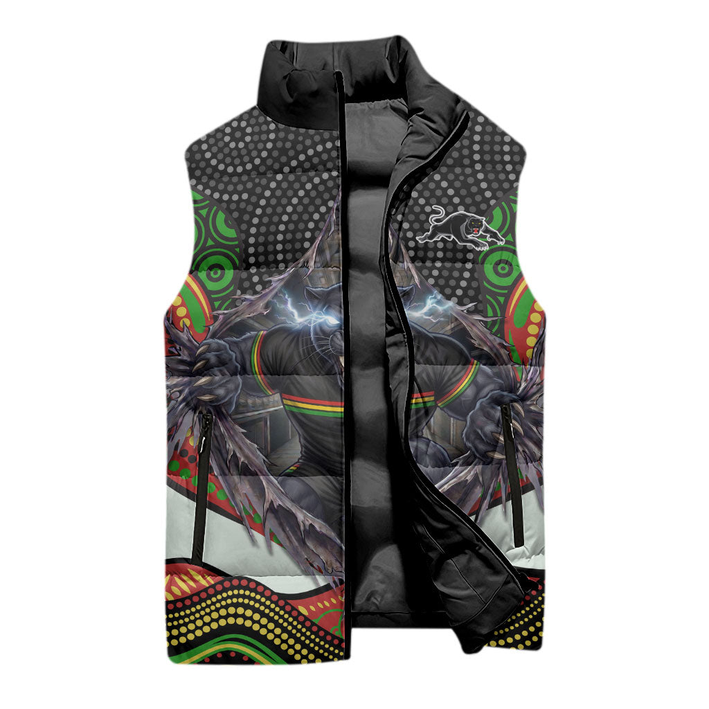 Penrith Panthers Sleeveless Puffer Jacket The Scream of Lightning Eyes - Indigenous Dot Ripping Effect