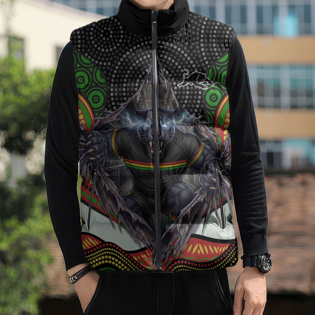Penrith Panthers Sleeveless Puffer Jacket The Scream of Lightning Eyes - Indigenous Dot Ripping Effect