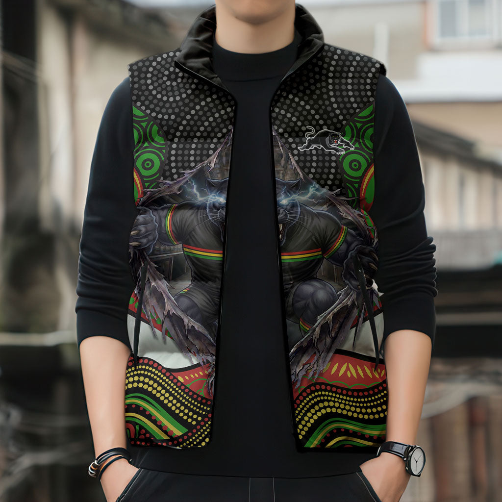 Penrith Panthers Sleeveless Puffer Jacket The Scream of Lightning Eyes - Indigenous Dot Ripping Effect