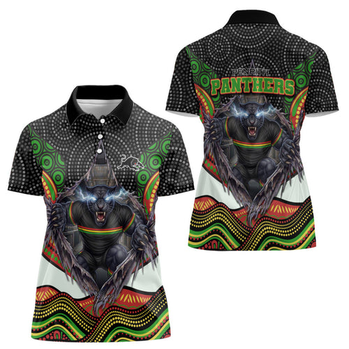 Penrith Panthers Women Polo Shirt The Scream of Lightning Eyes - Indigenous Dot Ripping Effect