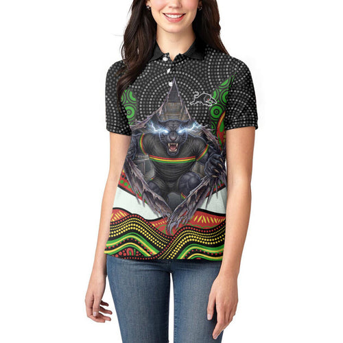 Penrith Panthers Women Polo Shirt The Scream of Lightning Eyes - Indigenous Dot Ripping Effect
