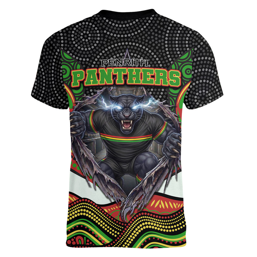 Penrith Panthers Women V-Neck T-Shirt The Scream of Lightning Eyes - Indigenous Dot Ripping Effect