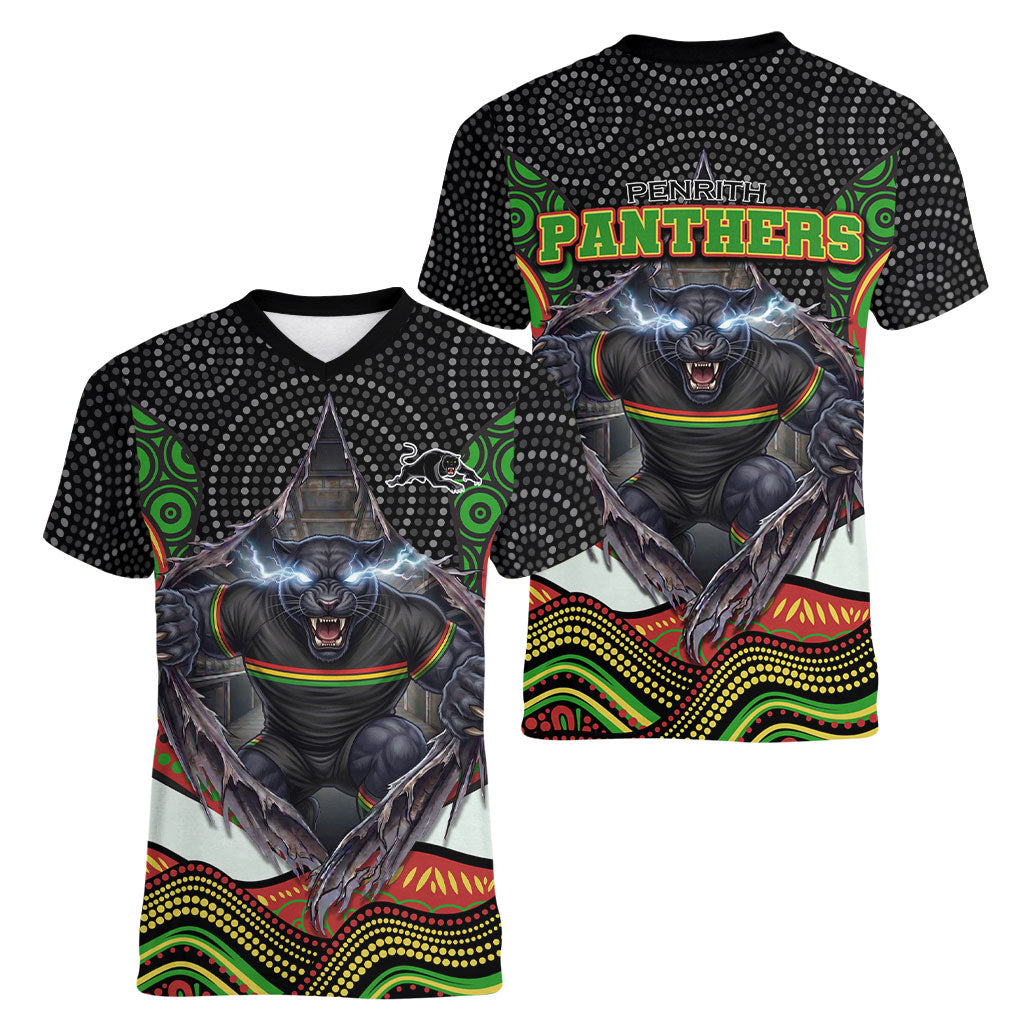 Penrith Panthers Women V-Neck T-Shirt The Scream of Lightning Eyes - Indigenous Dot Ripping Effect