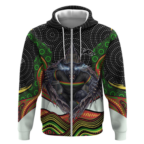 Penrith Panthers Zip Hoodie The Scream of Lightning Eyes - Indigenous Dot Ripping Effect