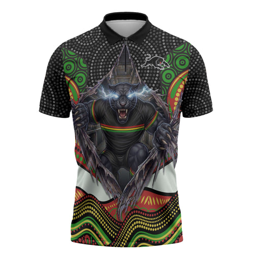 Penrith Panthers Zipper Polo Shirt The Scream of Lightning Eyes - Indigenous Dot Ripping Effect
