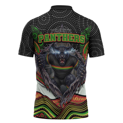 Penrith Panthers Zipper Polo Shirt The Scream of Lightning Eyes - Indigenous Dot Ripping Effect