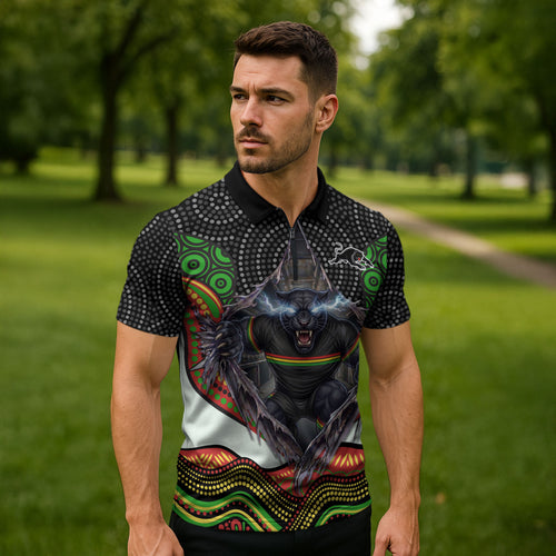 Penrith Panthers Zipper Polo Shirt The Scream of Lightning Eyes - Indigenous Dot Ripping Effect