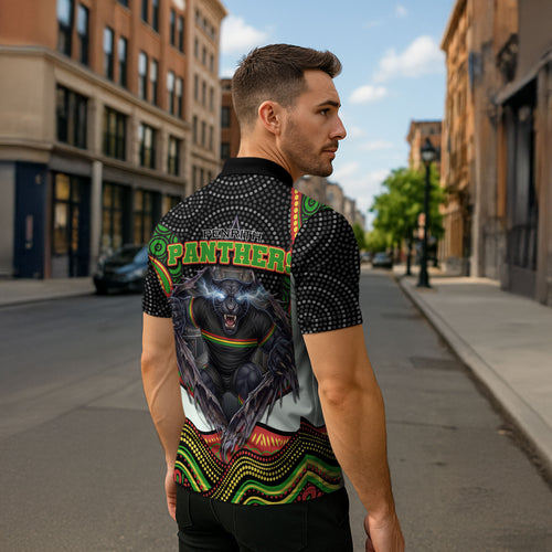 Penrith Panthers Zipper Polo Shirt The Scream of Lightning Eyes - Indigenous Dot Ripping Effect