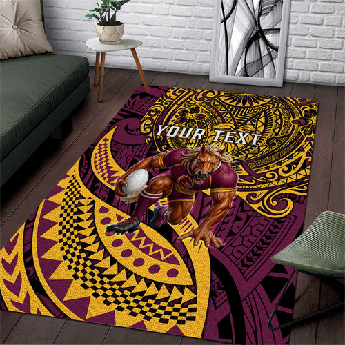 Personalised Brisbane Broncos Area Rug Polynesian Tribal Art Style With Hammerhead Mascot