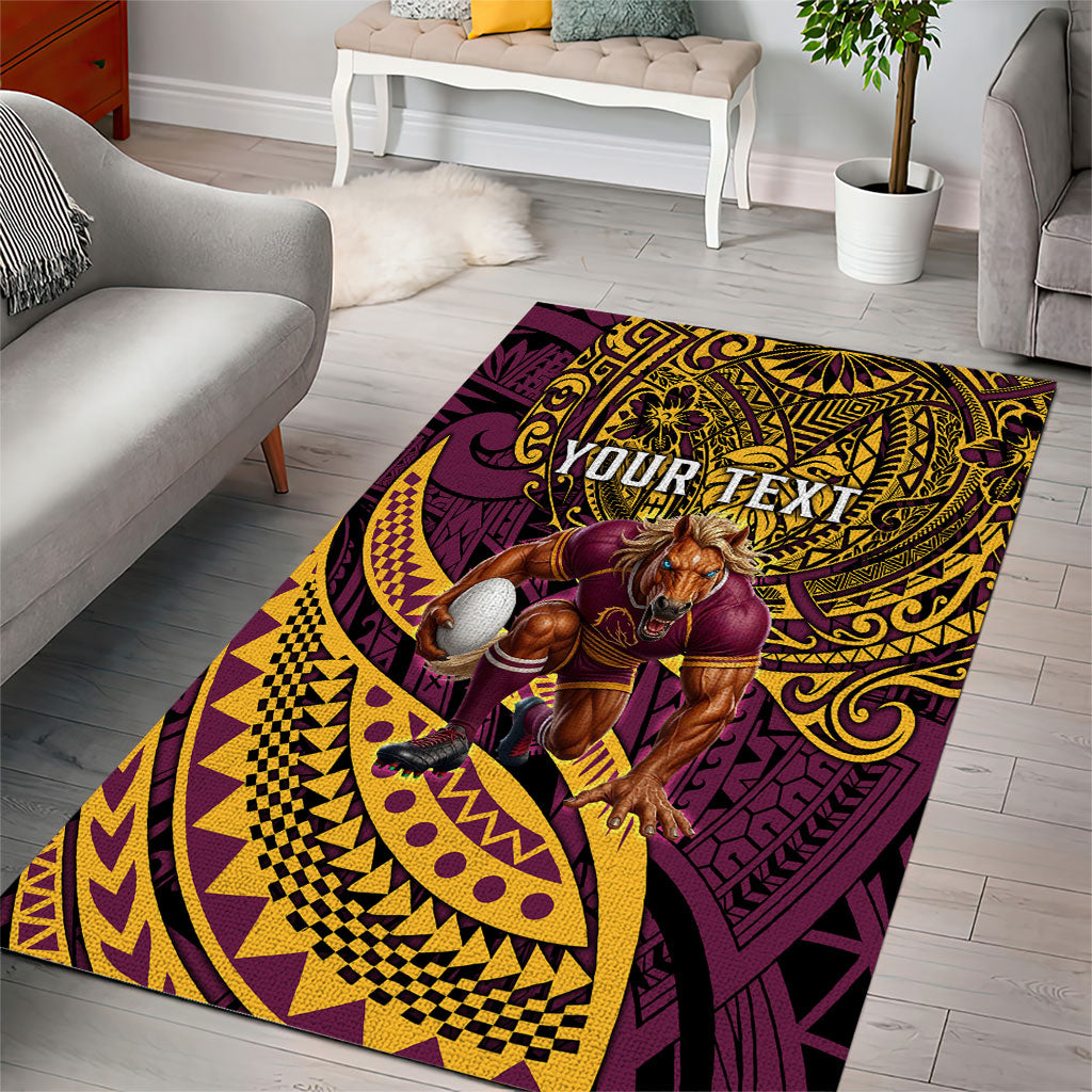 Personalised Brisbane Broncos Area Rug Polynesian Tribal Art Style With Hammerhead Mascot