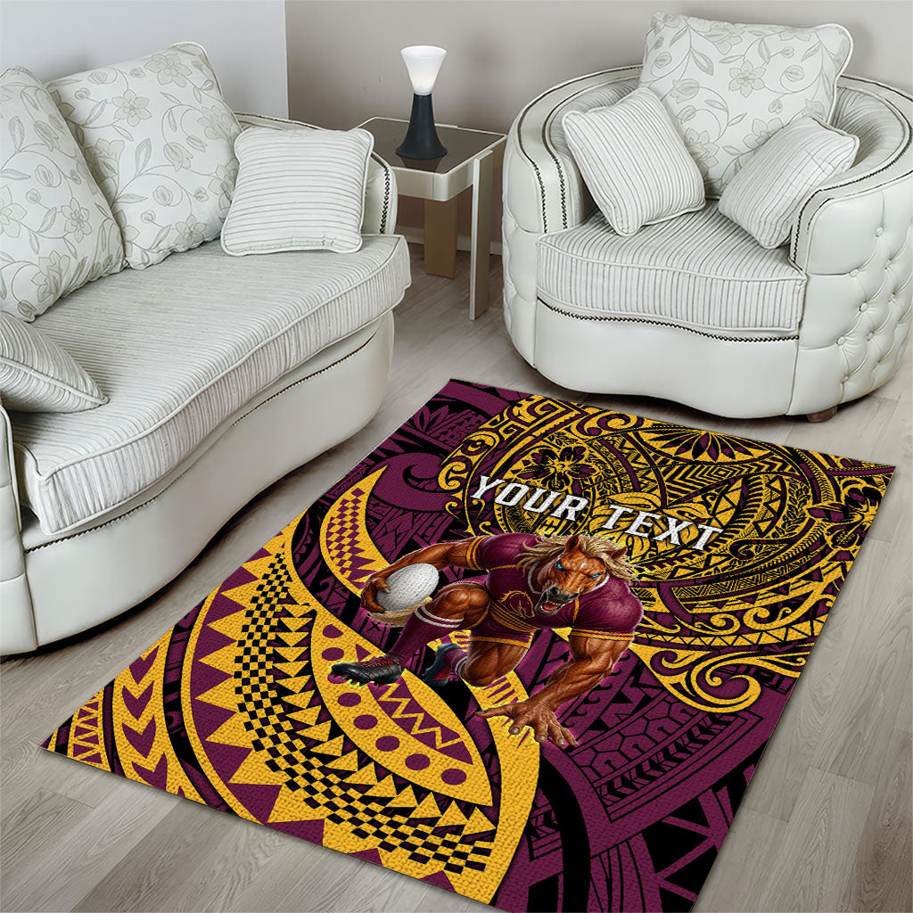 Personalised Brisbane Broncos Area Rug Polynesian Tribal Art Style With Hammerhead Mascot