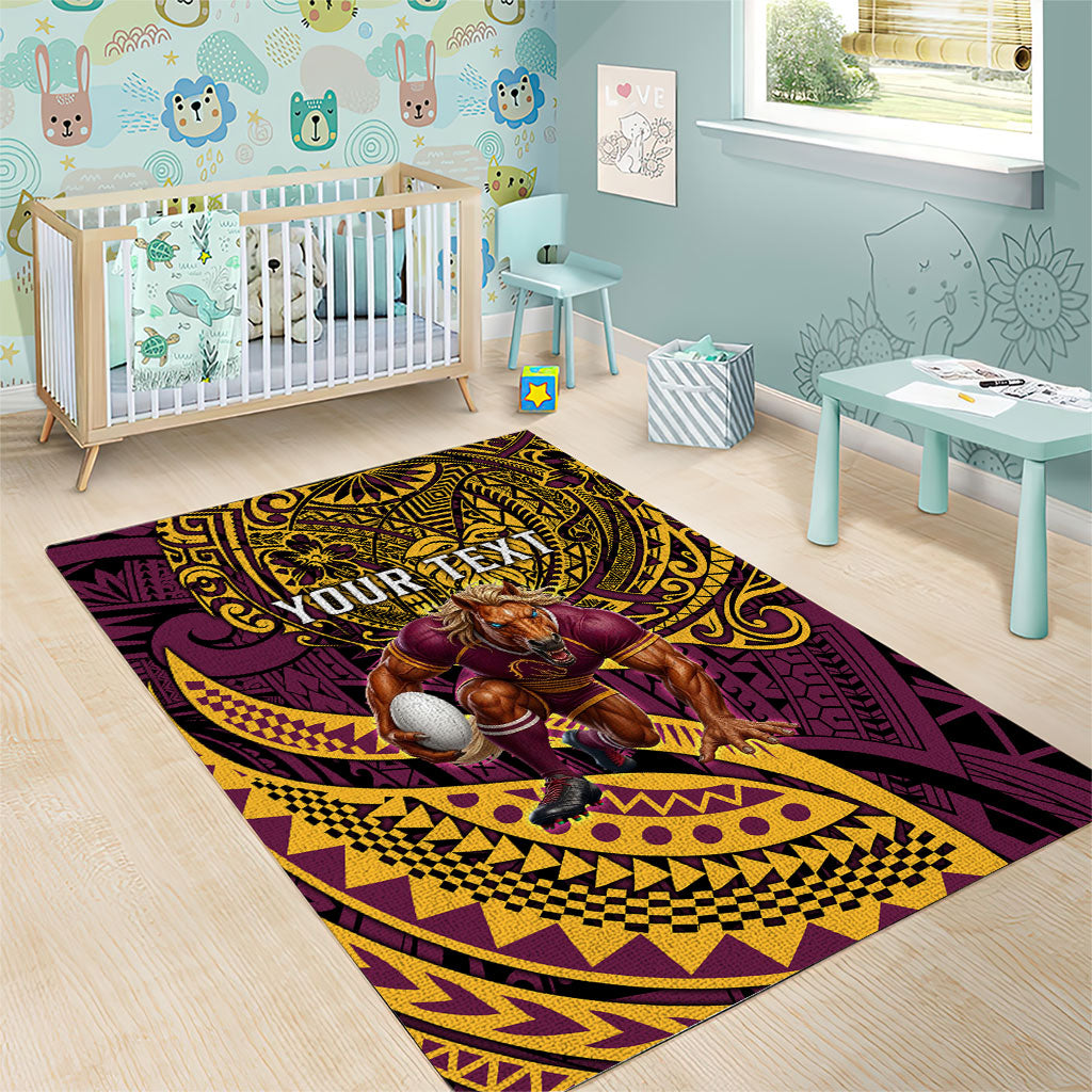 Personalised Brisbane Broncos Area Rug Polynesian Tribal Art Style With Hammerhead Mascot