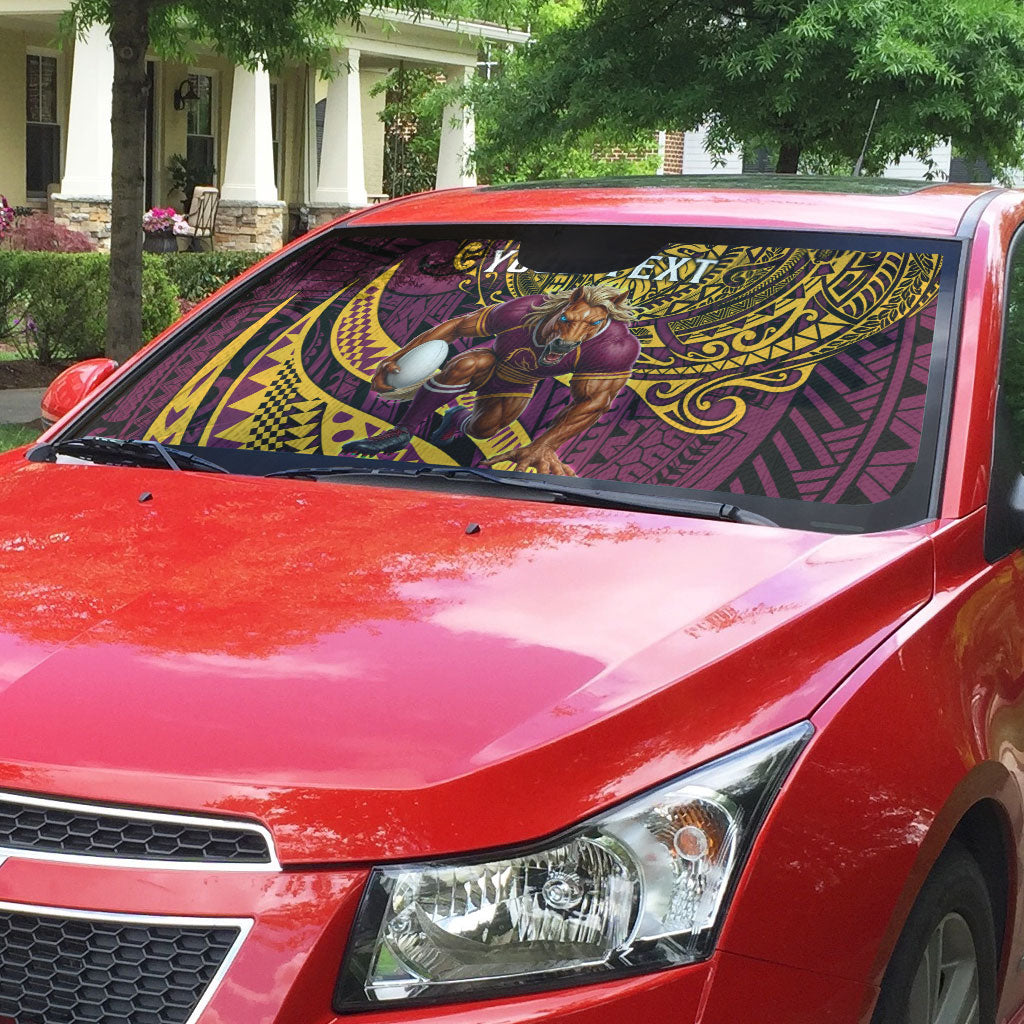 Personalised Brisbane Broncos Auto Sun Shade Polynesian Tribal Art Style With Hammerhead Mascot