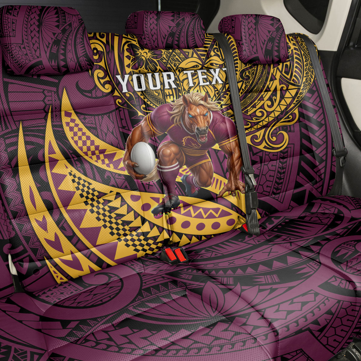 Personalised Brisbane Broncos Back Car Seat Cover Polynesian Tribal Art Style With Hammerhead Mascot