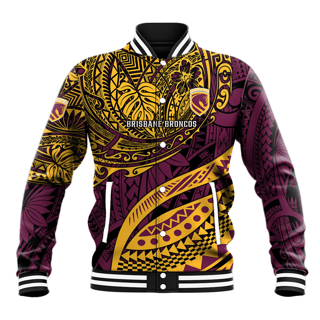 Personalised Brisbane Broncos Baseball Jacket Polynesian Tribal Art Style With Hammerhead Mascot