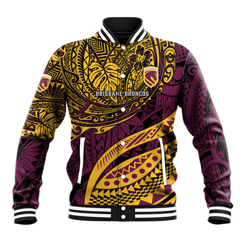 Personalised Brisbane Broncos Baseball Jacket Polynesian Tribal Art Style With Hammerhead Mascot