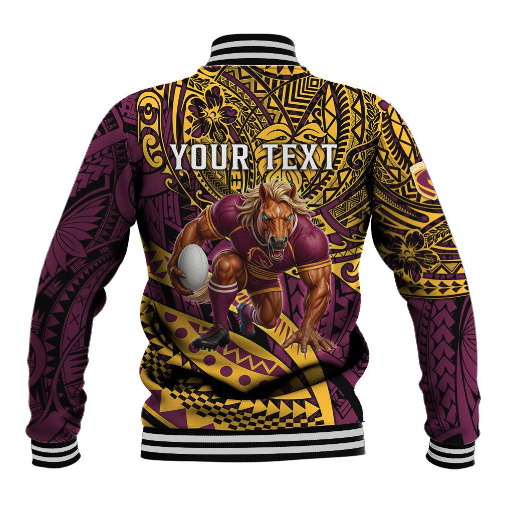 Personalised Brisbane Broncos Baseball Jacket Polynesian Tribal Art Style With Hammerhead Mascot