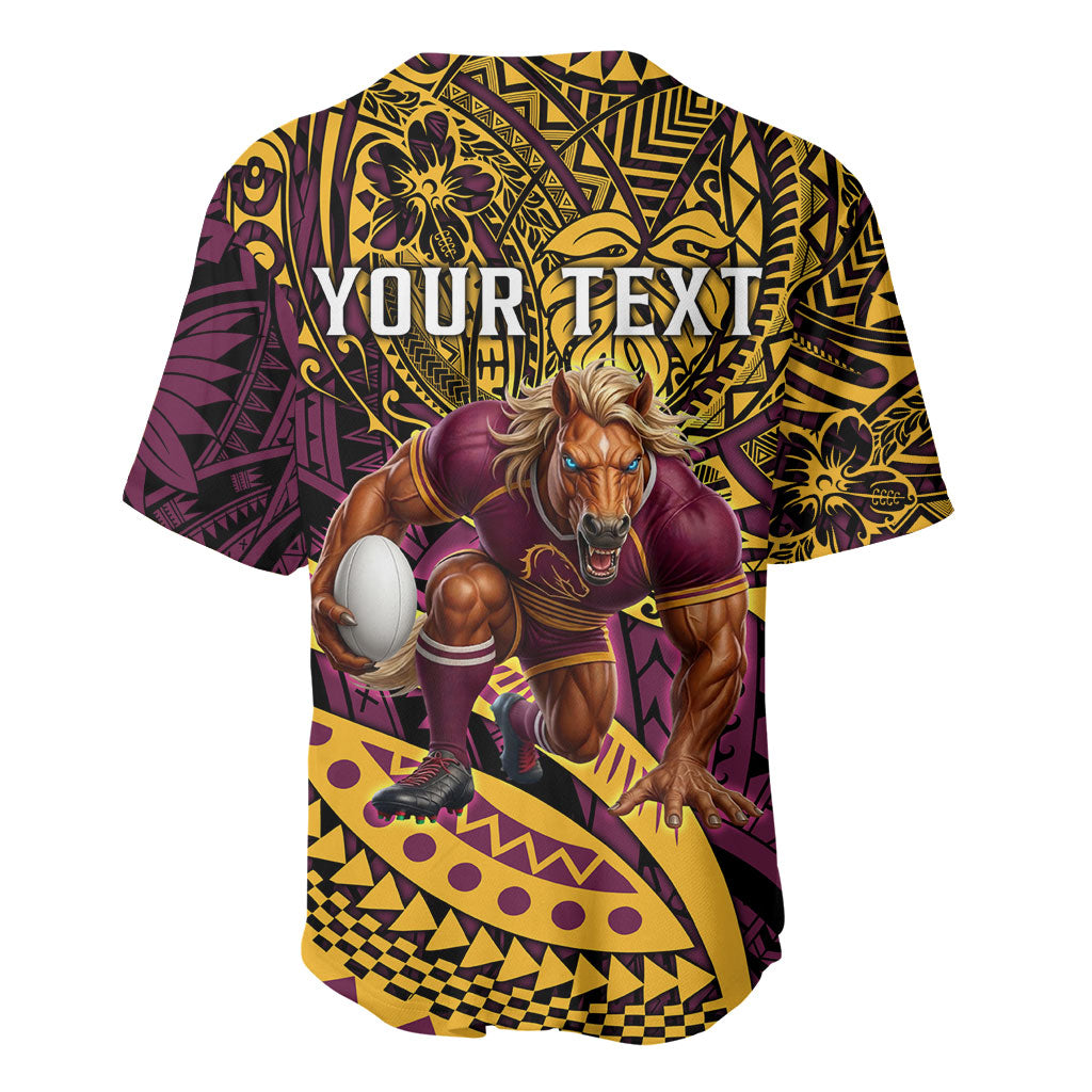 Personalised Brisbane Broncos Baseball Jersey Polynesian Tribal Art Style With Hammerhead Mascot