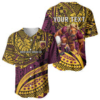 Personalised Brisbane Broncos Baseball Jersey Polynesian Tribal Art Style With Hammerhead Mascot