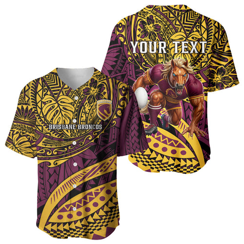 Personalised Brisbane Broncos Baseball Jersey Polynesian Tribal Art Style With Hammerhead Mascot