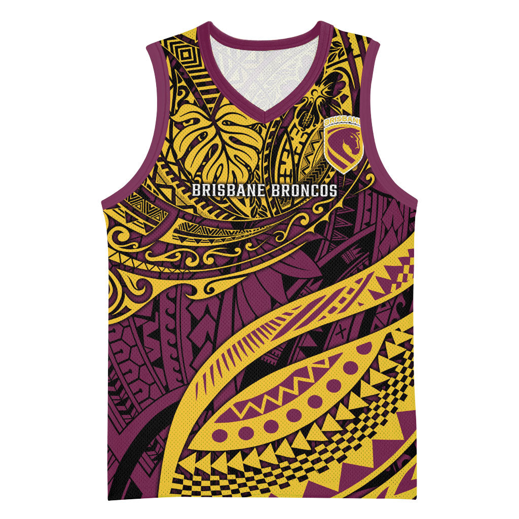 Personalised Brisbane Broncos Basketball Jersey Polynesian Tribal Art Style With Hammerhead Mascot