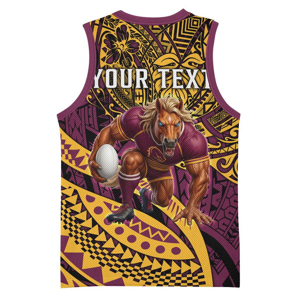 Personalised Brisbane Broncos Basketball Jersey Polynesian Tribal Art Style With Hammerhead Mascot