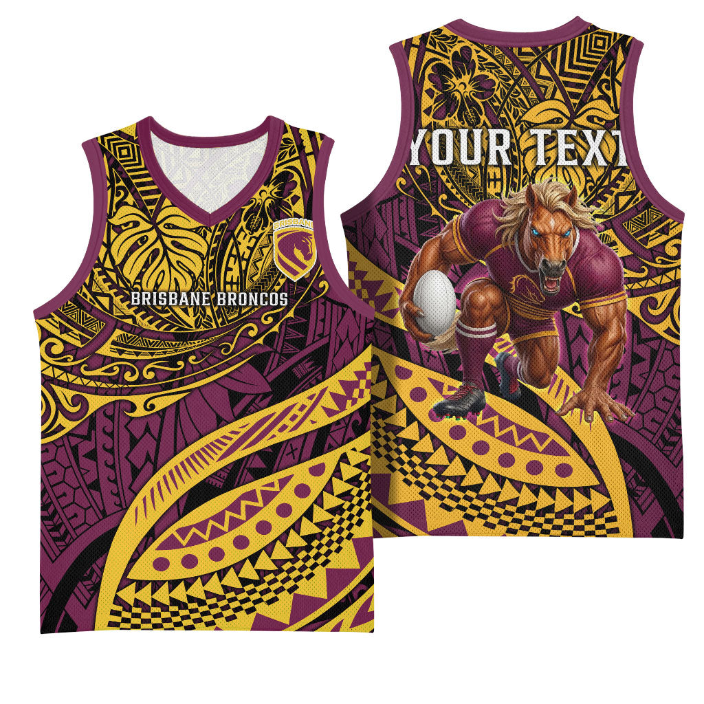 Personalised Brisbane Broncos Basketball Jersey Polynesian Tribal Art Style With Hammerhead Mascot