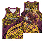 Personalised Brisbane Broncos Basketball Jersey Polynesian Tribal Art Style With Hammerhead Mascot