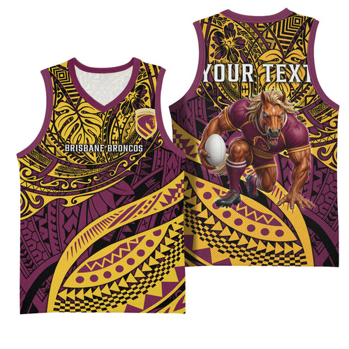 Personalised Brisbane Broncos Basketball Jersey Polynesian Tribal Art Style With Hammerhead Mascot