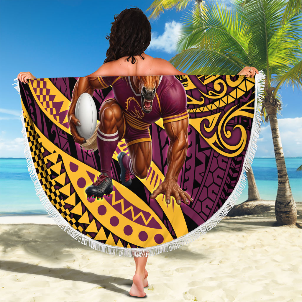 Personalised Brisbane Broncos Beach Blanket Polynesian Tribal Art Style With Hammerhead Mascot