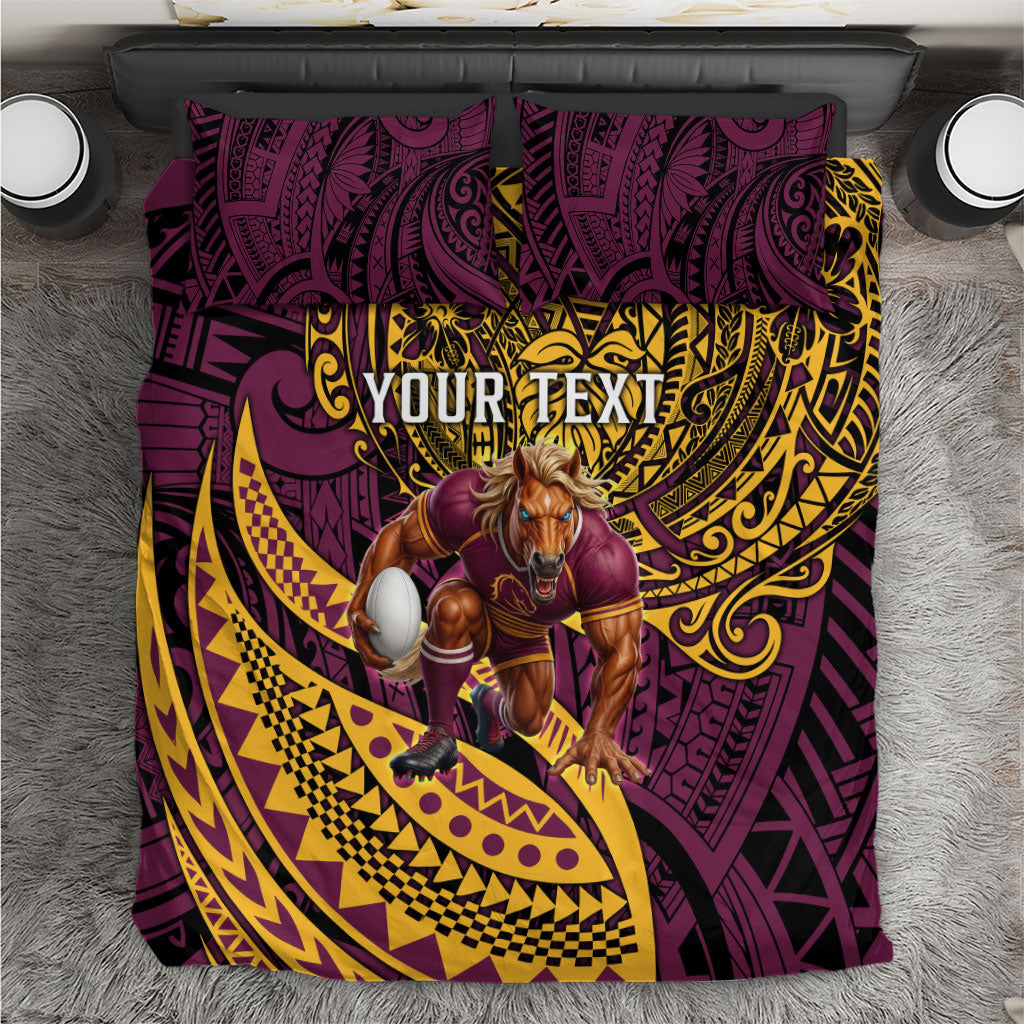 Personalised Brisbane Broncos Bedding Set Polynesian Tribal Art Style With Hammerhead Mascot