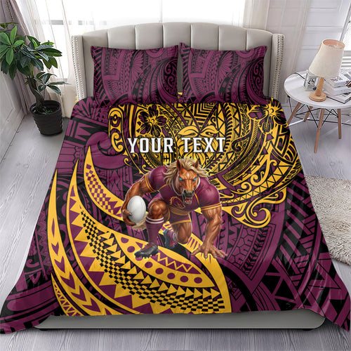 Personalised Brisbane Broncos Bedding Set Polynesian Tribal Art Style With Hammerhead Mascot