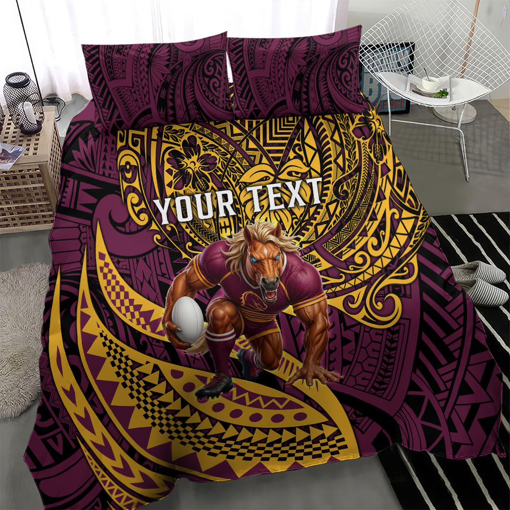 Personalised Brisbane Broncos Bedding Set Polynesian Tribal Art Style With Hammerhead Mascot