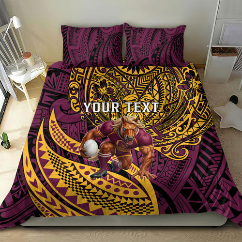 Personalised Brisbane Broncos Bedding Set Polynesian Tribal Art Style With Hammerhead Mascot
