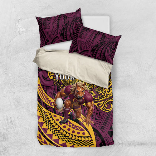 Personalised Brisbane Broncos Bedding Set Polynesian Tribal Art Style With Hammerhead Mascot